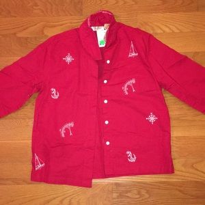 New red button down long-sleeve with embroidery